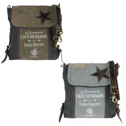 Olive green canvas and leather shoulder bag with vintage style, featuring a large star design and text "Bienvenue a Cafe en Grains Notre Histoire". The bag has a crossbody strap and appears to be a medium-sized handbag or messenger style.