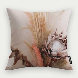  Soft beige throw pillow with dried flowers, cotton protea botanical design, square cushion cover