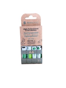 Ecorevolt-Pack of 4 REPCHERABLE AA REPCHERABLE USB-C 700 MAH 1.5V + 4-headed cable