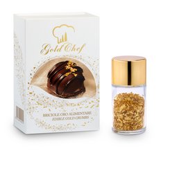 23kt gold edible crumbs in a salt shaker-style container, for use as a food coloring or garnish.