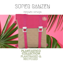 A plant-based and recycled backpack with a desert rose and cat eye design, featuring a beige body and bright pink straps.