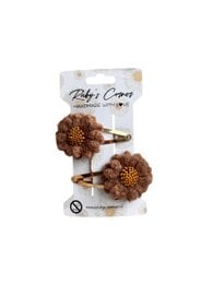  A pair of brown floral hair clips with a textured, pom-pom-like design. The clips are suitable for holding back hair and adding a decorative touch to hairstyles.