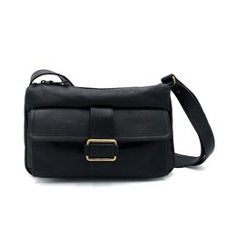 Black shoulder bag with a rectangular shape, gold-tone hardware, and an adjustable strap.