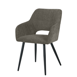  Upholstered dining chair with a modern, minimalist design. Features a grey fabric seat and backrest with black metal legs. Suitable for use in a dining room or as an accent chair.