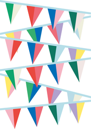  Colorful party bunting with triangular flags in various bright colors including red, blue, green, and yellow.
