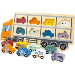 "Wooden puzzle truck with colorful vehicle shapes. Includes various car, truck, and other vehicle shapes in different colors and designs."