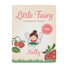 A colorful pin featuring a whimsical fairy character named Nelly, with a pink dress, red flower, and strawberry design elements. This kids' necklace accessory has a magical, fairy-tale inspired style.