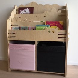 Wooden bookshelf with colorful storage bins, designed for children's books and toys.
