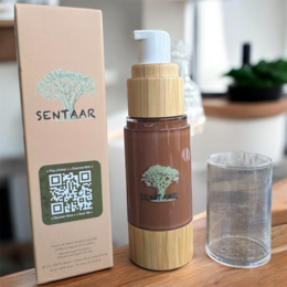  Liquid mineral foundation, natural SPF, brown glass bottle, wooden bamboo pump dispenser, eco-friendly packaging