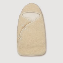  Cream wool cocoon sleeping bag, soft beige material, oval pod shape, infant swaddle wrap.