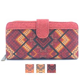 Folding wallet with a mandala flower pattern made of vegan cork material. Available in variants A, B, C, D, and E. The wallet features a vibrant, patterned design in shades of red, orange, and brown.