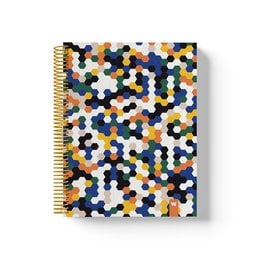 The colorful spiral notebooks feature a vibrant hexagon pattern in shades of red, yellow, blue, and mint. The notebooks come in a variety of paper types including blank, dotted grid, grid, and lined. This versatile collection is perfect for school, work, or personal use.