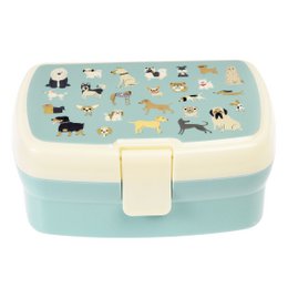 Lunch box with tray featuring a variety of dog breeds in a playful, illustrated design. The lunch box has a light blue and cream color scheme with a snap-on lid and divided interior tray.