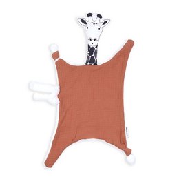 Soft, plush giraffe swaddle comforter in a warm, rust-colored fabric. Ideal for snuggling and soothing babies.