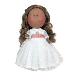 A white communion dress with a floral pattern, worn by a doll with curly brown hair.
