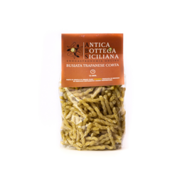 Rustic Trapanese-style pasta, made with traditional Sicilian ingredients. Featuring a golden, irregular shape and a robust, earthy flavor.