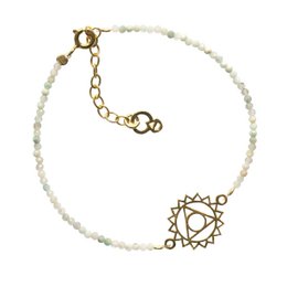 Gold-toned charm bracelet with white beads and a throat chakra symbol charm.