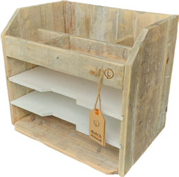 Wooden desk organizer with multiple compartments for storing files, documents, and office supplies. Features a rustic, vintage-inspired design with a natural wood finish.