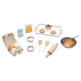  Wooden toy baking set with various baking tools and ingredients, including a rolling pin, cookie cutters, and mixing bowls. Suitable for imaginative play and developing cooking skills.