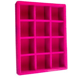 A pink jewelry box with 12 compartments for storing and organizing women's jewelry.
