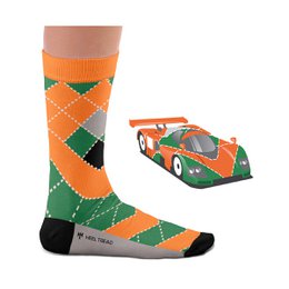 Colorful argyle-patterned socks in orange, green, and black. The socks feature a racing car graphic, indicating they are sports or racing-themed socks.