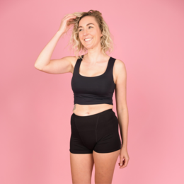 Black menstrual underwear with superabsorption, available in sizes S, M, L, XL, XXL, and 12 year, 14 year. Made of soft, breathable fabric for comfortable wear during periods.