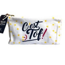 White makeup pouch with yellow stars, "C'est Tof" text, Belgian Attitude collection, fabric cosmetic bag