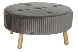  A round, tufted gray velvet footrest with wooden legs. The footrest has a plush, textured surface and a sturdy, modern design.