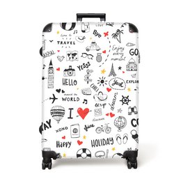  A lightweight, patterned suitcase with doodle designs, perfect for travel and vacations. Features a white color, 4-wheeled roller design, and various travel-themed graphics and text.