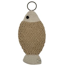  Large handcrafted wall decoration in the shape of a fish, made from organic cotton and crocheted in Nepal. Features a natural sand color and a unique textured design.