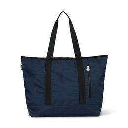 Navy blue insulated shopper tote bag with black handles and zipper closure, suitable for carrying groceries or other items while keeping contents cool.