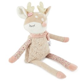 Soft, plush deer-themed stuffed animal with a pink bow and beige fur. Suitable for children as a cuddly toy.