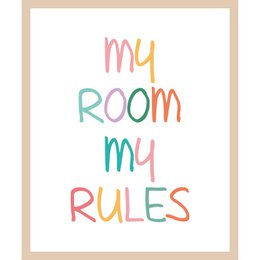  'Colorful wall art with the text "My Room My Rules" in a kids room setting. The image shows a framed poster with the text in various pastel colors, along with decorative wall hangings and furniture.'