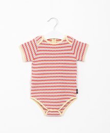 Red and white striped short-sleeved baby jumpsuit with snap closure.