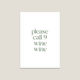 A postcard with the text "please call 9 wine wine" in a minimalist, elegant design. The postcard appears to be part of a "Love Cards" collection, suggesting it may be a romantic or affectionate greeting card.