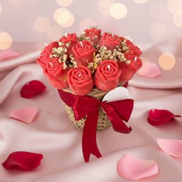  Red and pink rose bouquet candle with gold accents, red ribbon bow, romantic gift scent