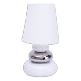  A white ceramic table lamp with a chrome base and a white fabric shade. The lamp has a simple, modern design that would complement a variety of decor styles.
