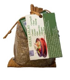  Herbs mix for Greek salad with a recipe on a fridge magnet. The herbs mix includes a variety of fresh herbs, packaged in a burlap bag with a recipe tag attached.
