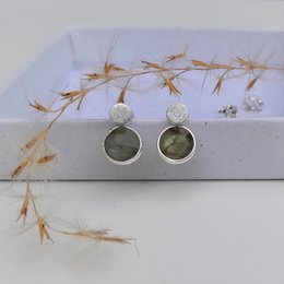 Labradorite stud earrings with round, green gemstones set in silver-toned metal.