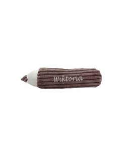Magenta Grey - corduroy pencil case in the shape of a crayon with the child's name on it 