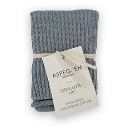  Pale blue knitted dishcloth with a ripple pattern, made from 100% organic cotton.