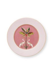 Pink ceramic plate with a decorative leaf design, suitable for breakfast or other meals.