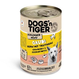  Dogs'n Tiger Adult dog food, wet food, grain-free, chicken, turkey, cranberry & sweet potato. 400g, 800g, 6x 400g, 6x 800g, 12x 400g, 12x 800g variants available.