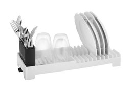 White dish rack with black utensil holder for storing and drying dishes.