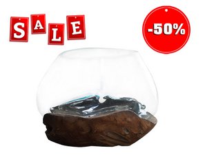 Natuurlijk houten schaal met glazen schaal, 30x30x29cm