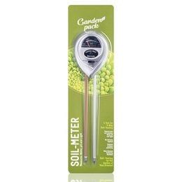 A 3-in-1 soil meter with a digital display that measures soil moisture, pH, and sunlight levels. The silver and green device has a long probe for easy insertion into soil.