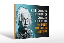  Einstein portrait wooden sign, blue turquoise background, chaotic desk thinking quote, German text, motivational wall art