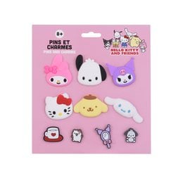 A set of 10 Hello Kitty charms featuring various cute and colorful designs including hearts, animals, and Hello Kitty herself. The charms are made of metal and plastic and are suitable for use on bags, clothing, or other accessories.