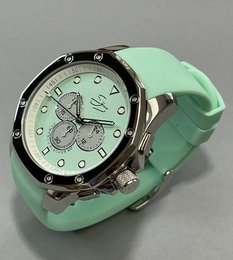 Stainless steel chronograph watch with mint green silicone strap, 10 ATM water resistance, and 39mm case diameter.