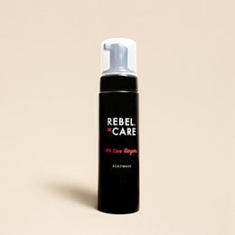 Rebel Care body wash for gingers, with a pump dispenser and a black bottle design.